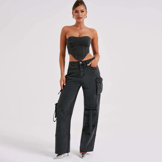 2Pcs Denim Suits Summer Sexy Backless Tube Top And Multi-pocket Straight Trousers Fashion Long Pants Suit Womens Clothing